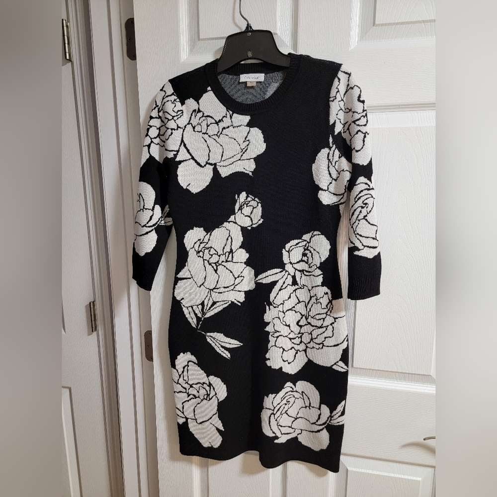Calvin Klein Chic Black and White Floral Sweater Dress